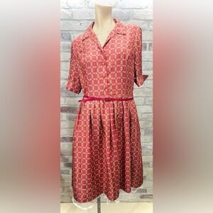 Silk Vtg Dark Pink & Cream Geometric Print Flowing Shirt‎ Dress Ann Taylor 14p
